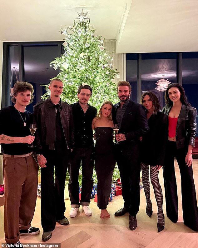Brooklyn and Nicola pictured with the Beckham family in December 2024 (L-R Cruz, Romeo, Brooklyn, Harper, David, Victoria and Nicola)