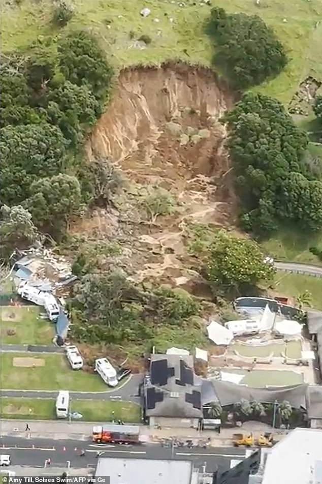 The site of a landslide in Mount Maunganui which smashed into a campsite on January 22, leaving multiple people missing under tonnes of mud