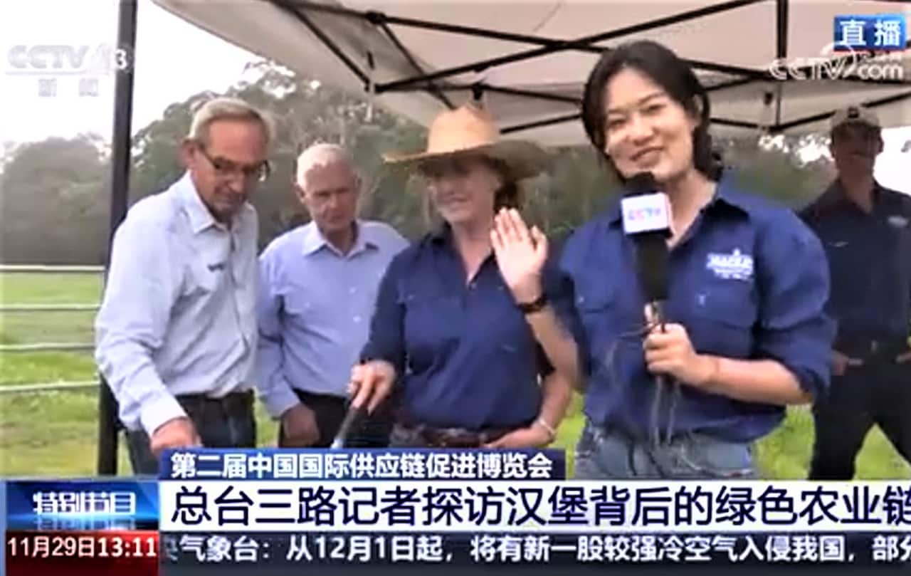 A presenter from Chinese TV wearing a blue shirt stands in front of people cooking a BBQ.