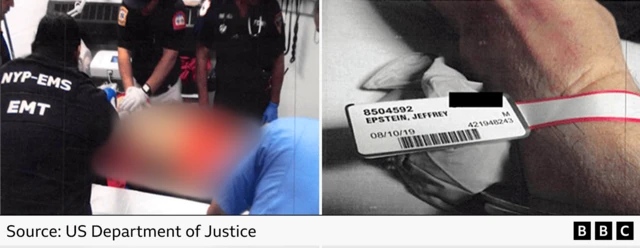 左图为急救人员正在处理爱泼斯坦的身体，右图可见爱泼斯坦的手，手上挂着标签，上面写着他的姓名和死亡日期。