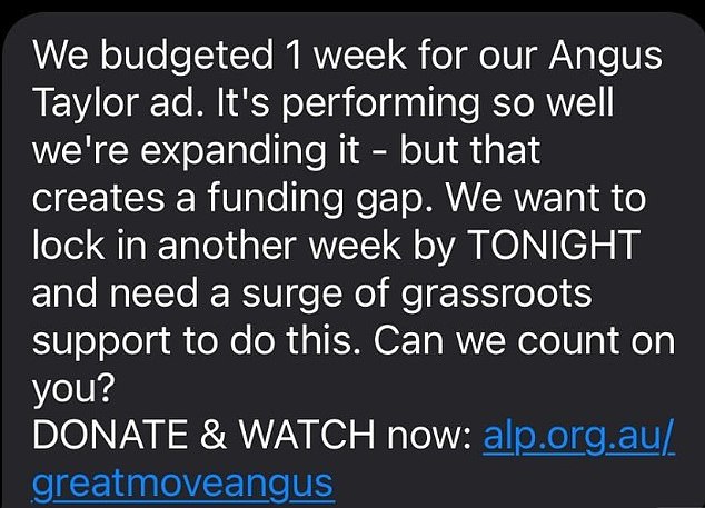 A text message sent to Labor supporters urging them to donate towards the anti-Taylor ad