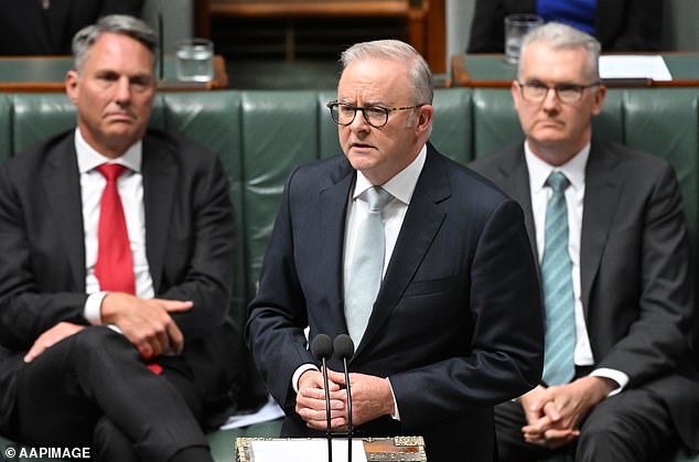 Prime Minister Anthony Albanese confirmed Australian military assets had been sent to the Middle East (pictured left to right: Defence Minister Richard Marles, Albanese and Home Affairs Minister Tony Burke)