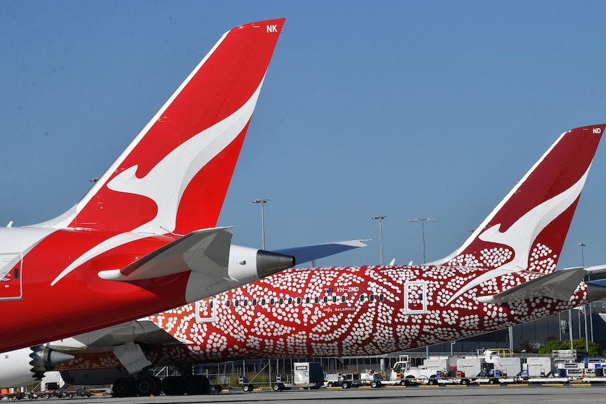 The tails of two 787-9 Dreamliners are seen on an airport tarmac