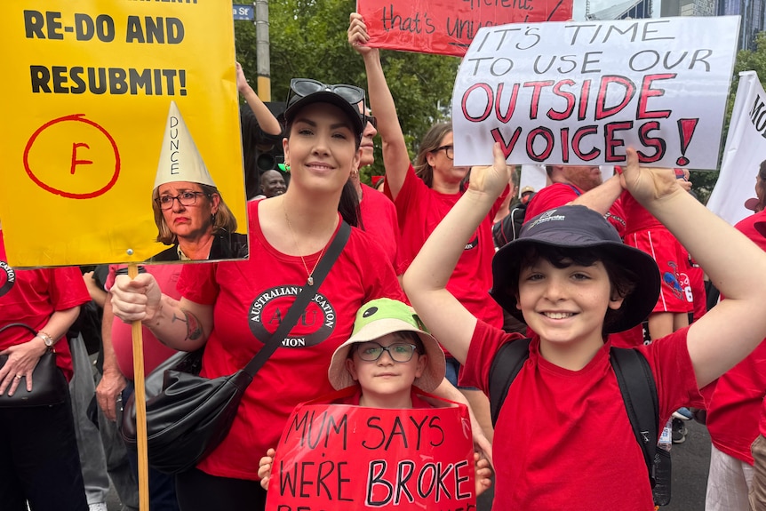 Teachers and children attend a strike rally in Melbourne