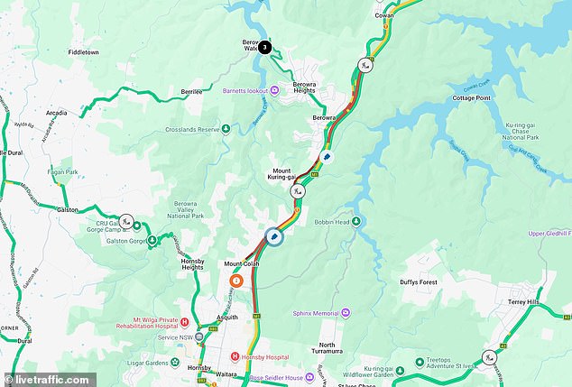 The traffic chaos saw cars slowed to a crawl around 12.45pm between the northern Sydney suburb of Wahroonga and the outer suburb of Cowan heading north (pictured)