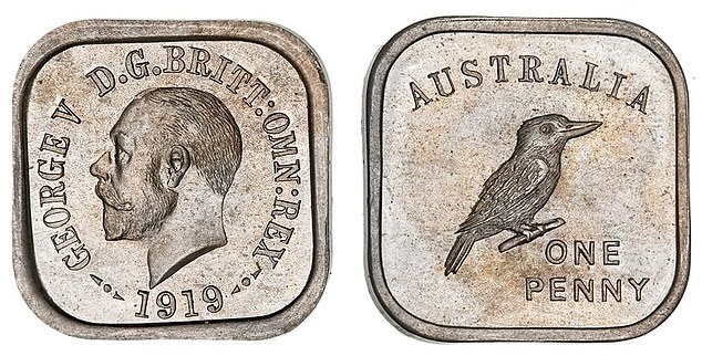 一枚1919年墨尔本铸币厂铸造的方形图案笑翠鸟便士，品相上乘的未流通版，可能价值35000美元。