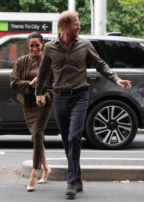 Harry and Meghan arriving at the Australian National Veterans Arts Museum on Tuesday.