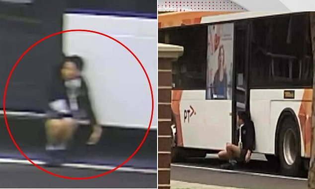 Footage has emerged of the terrifying moment a young boy became trapped in the doors of a school bus before being dragged down the road in Melbourne .