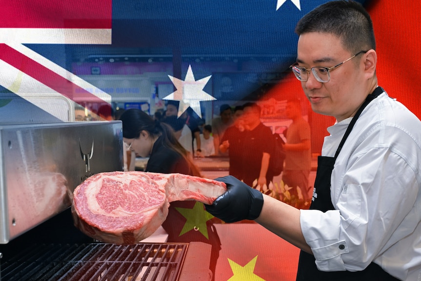 Chef cooking beef with China and Australian flags in the background