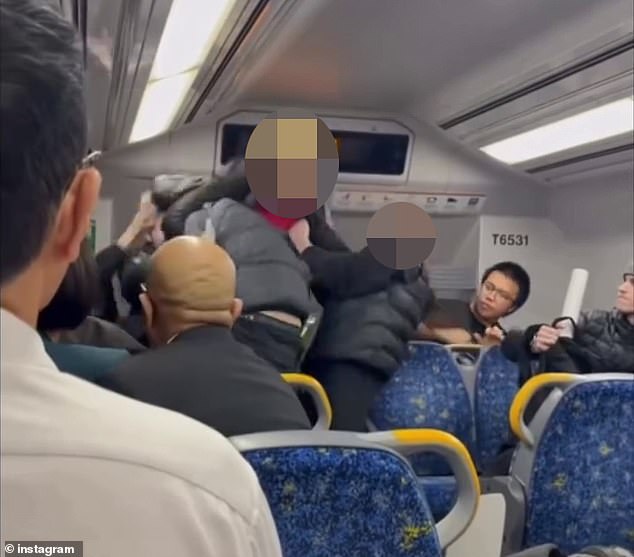 乘客用手臂勒住其中一名青少年的脖子，随后其他人开始对他拳打脚踢。