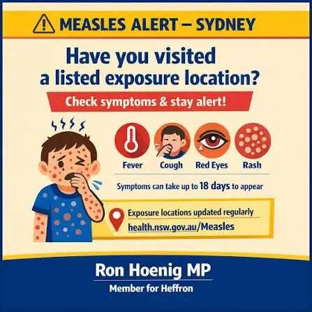 Measles Alert – Sydney ⚠️ @newsouthwaleshealth has confirmed new measles  cases. People visited public places while infectious. If you've been out  recently, check exposure locations and monitor for symptoms (fever, cough,  rash).