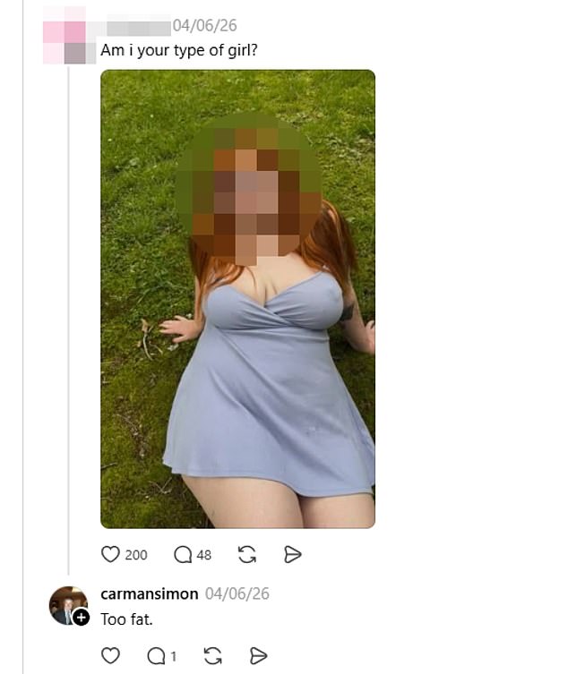 In his most recent interaction on Threads, Carman told a woman that she was too fat