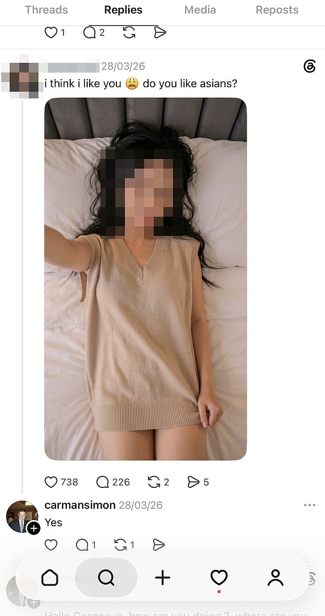 Carman's online interactions with young Asian women in the months before his arrest have emerged online