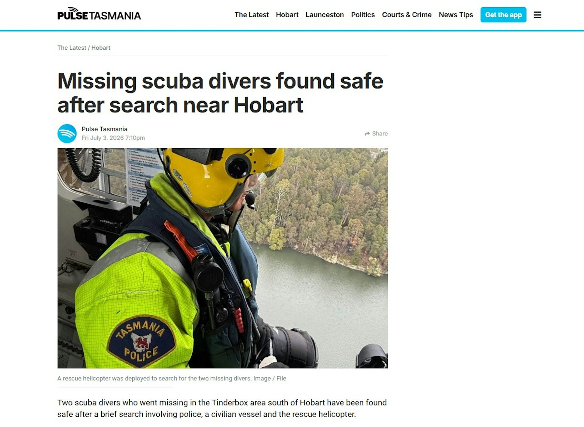 澳洲塔斯曼尼亚最大网媒《Pulse Tasmania》7月3日报道指,有民用船只发现两名失踪的潜水员,没有受伤,并被送回霍巴特(Hobart)。(网页截图)