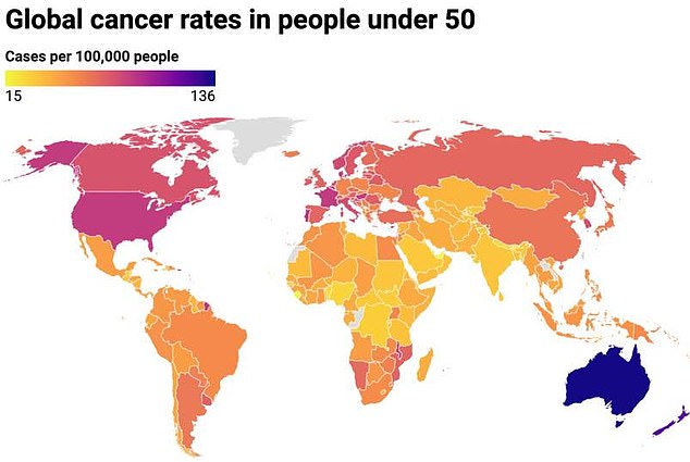 地图显示澳大利亚是50岁以下人群癌症发病率较高的国家之一。