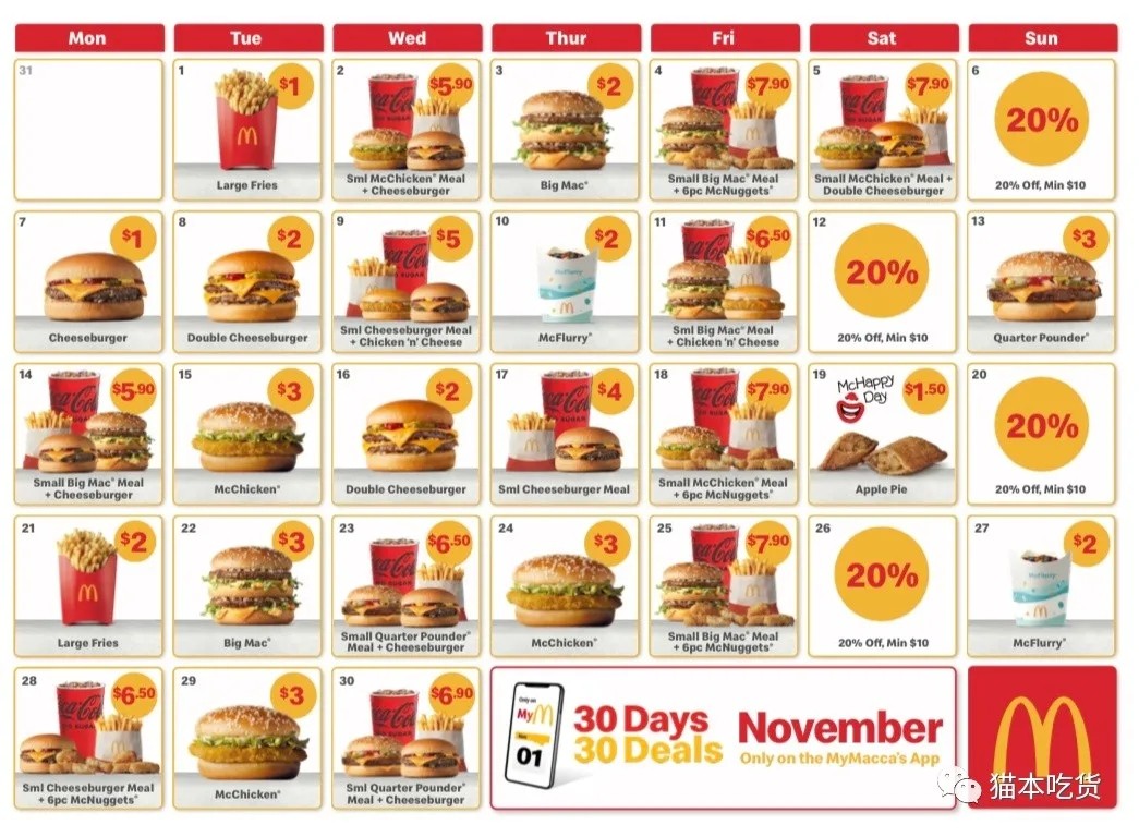 麦当劳11月折扣月来了！每天一个优惠，不要错过